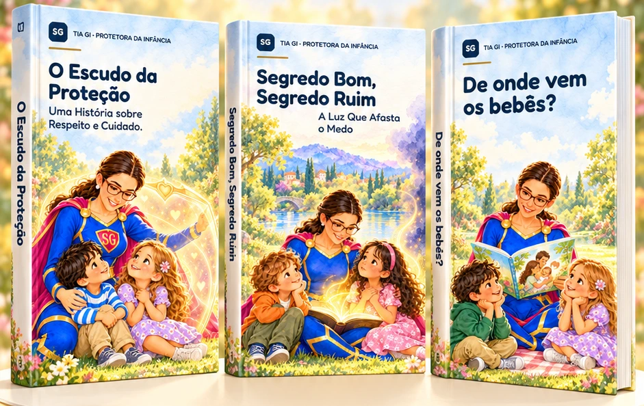 Os três livros da coleção: O Escudo da Proteção, Segredo Bom, Segredo Ruim e De onde vem os bebês?